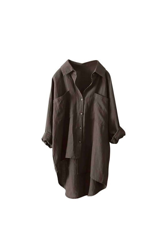 Oversized Linen Button Down Shirt Women Fall Long Sleeve Lapel Collar Gauze High Low Tops Dressy Casual Work Blouses
