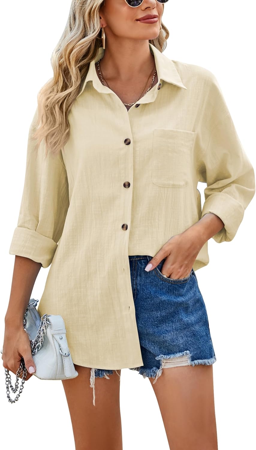 Oversized Linen Button Down Shirts for Women Long Sleeve Loose Linen