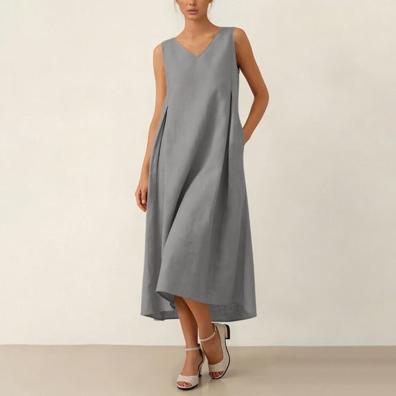 Oversized Linen Dress Women's Sleeveless V Neck a Line Midi Sundress with Pockets Summer Flowy Dresses Gray S