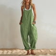 thumbnail image 1 of Oversized Linen Overalls for Women Sleeveless Suspender Jumpsuit Wide Leg Cuffed Pants with Pockets Casual Streetwear Green XXL, 1 of 7