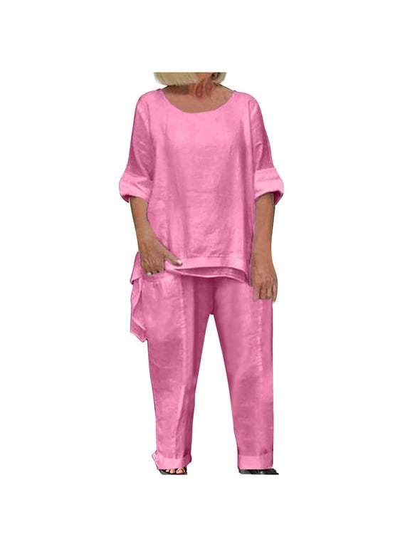 Oversized Linen Sets for Women 2 Piece Outfits Long Sleeve High Low Hem Plus Size Top and Wide Leg Pants Suits (XX-Large, Pink)