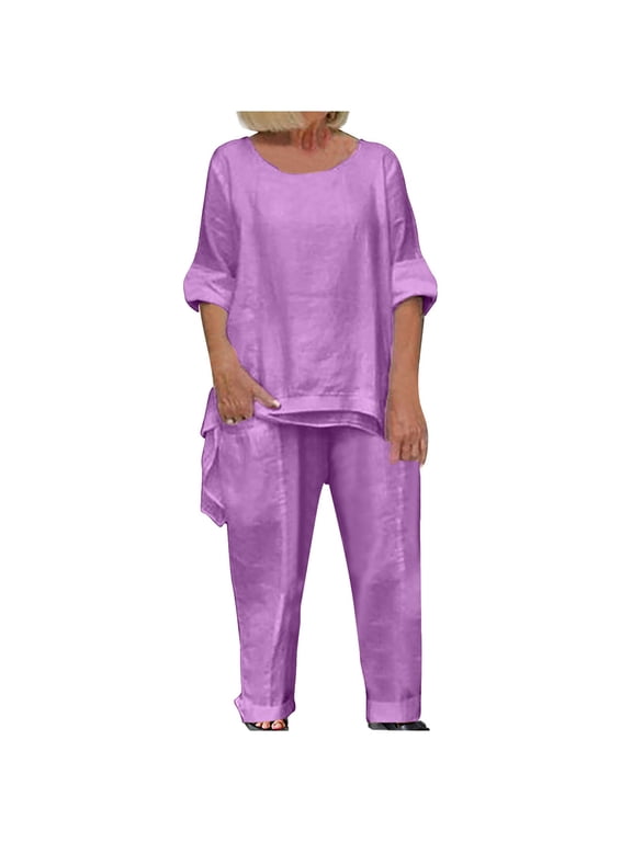 Oversized Linen Sets for Women 2 Piece Outfits Long Sleeve High Low Hem Plus Size Top and Wide Leg Pants Suits (XX-Large, Purple)