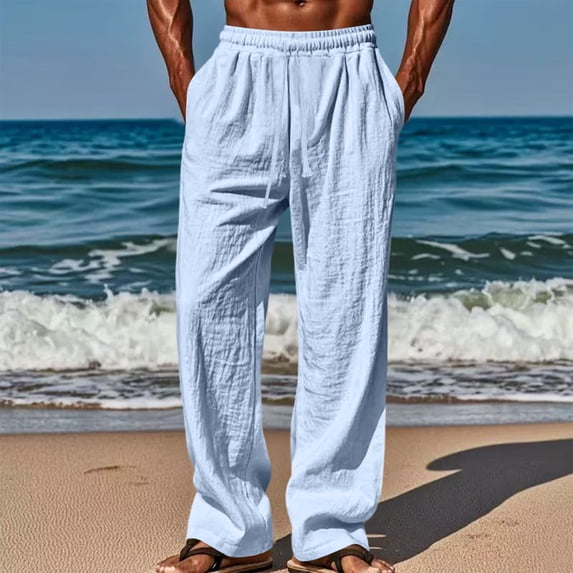 Oversized Linen Trendy Elastic High Waist Straight Pants for Men Summer Casual Drawstring Beach Vacation Pant Blue 3XL