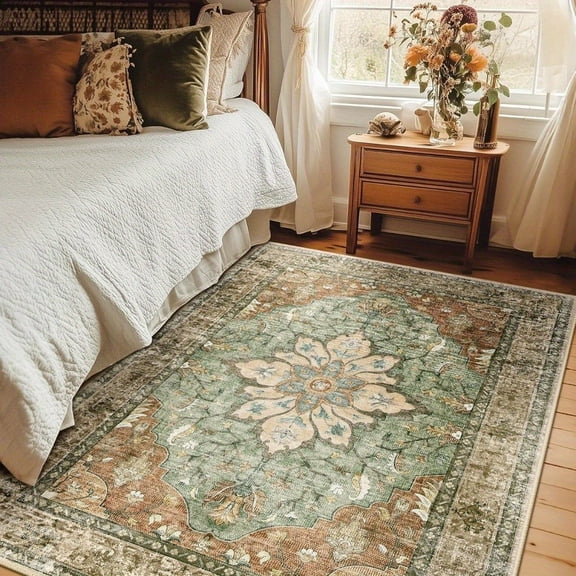 Oversized Living Room Carpet, Large Area Carpet, Machine Washable Anti Slip Flower Retro Printed Pattern Carpet Suitable for Living Rooms and Bedrooms