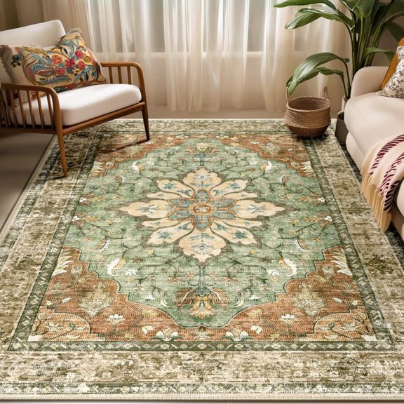 Oversized Living Room Carpet, Large Area Carpet, Machine Washable Anti Slip Flower Retro Printed Pattern Carpet Suitable for Living Rooms and Bedrooms
