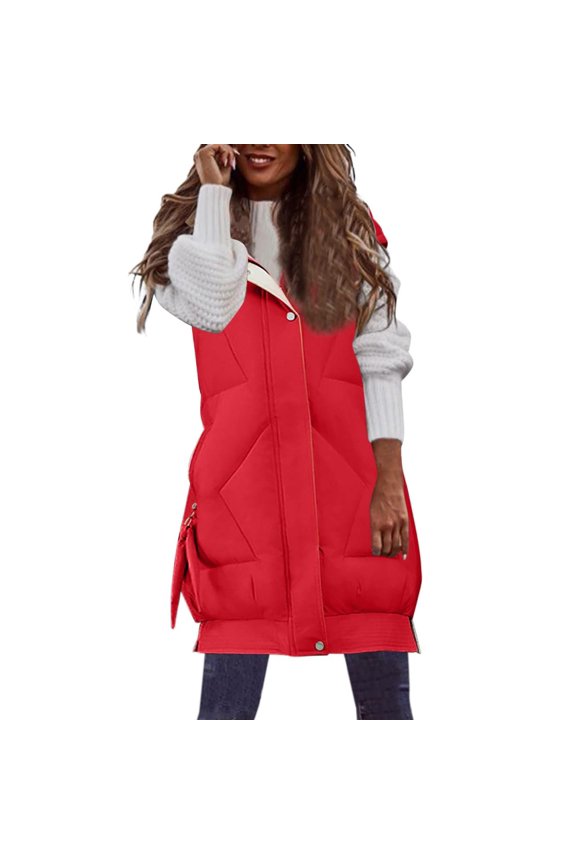 Oversized Long Down Vest for Women Winter Long Puffer Quilted Vest Coats Hooded Sleeveless Warm Jacket Pockets