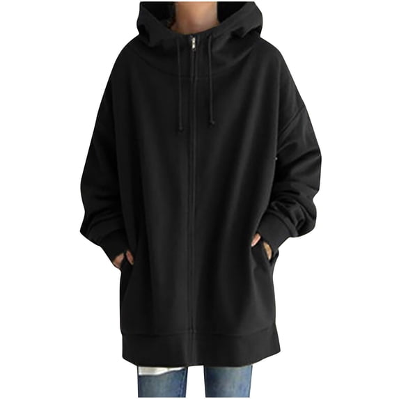 Oversized Long Hoodies Ladies Fall Jackets with Pockets Trendy Baggy Full-zip Hooded Drawstring Sweatshirt Coats (Large, Black)