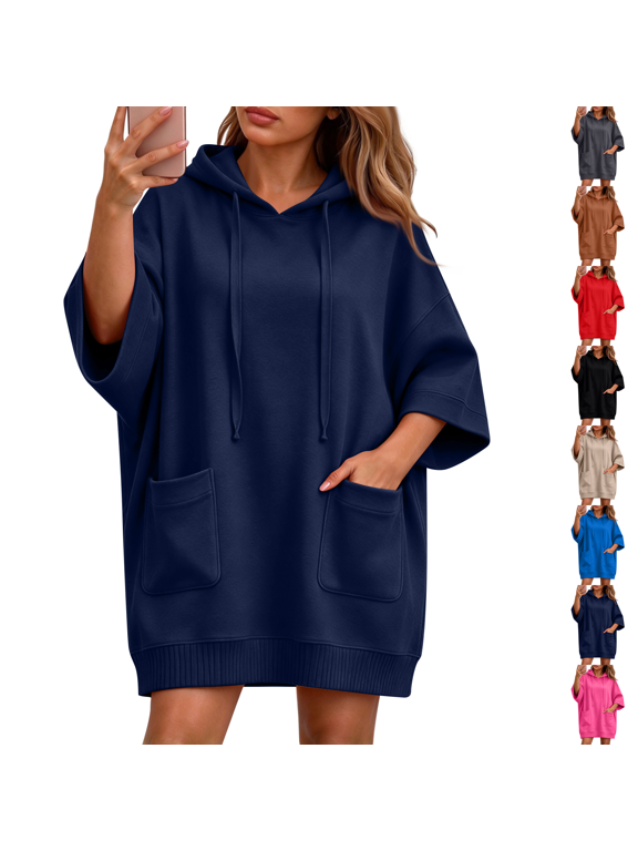 Oversized Long Hoodies for Women 3/4 Sleeve Drop Shoulder Y2k Hoodies Dress Drawstring Lightweight Baggy Sweatshirt Dress Comfy Tunic Long Hooded Sweatshirts Travel Lounge Fall Pullover with Pockets