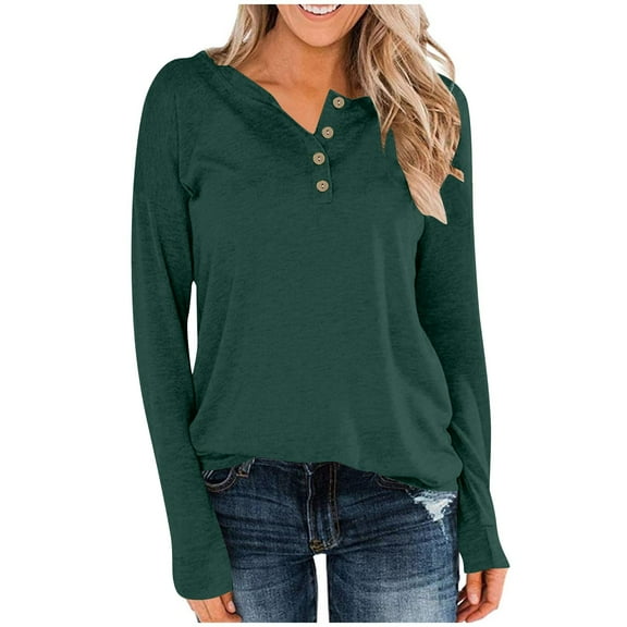 Oversized Long Sleeve Shirts For Women Casual Button V Neck Tee Shirt Loose Side Split Blouse Tunic Fall Basic Work Tee Vacation Clothes Dark Green L