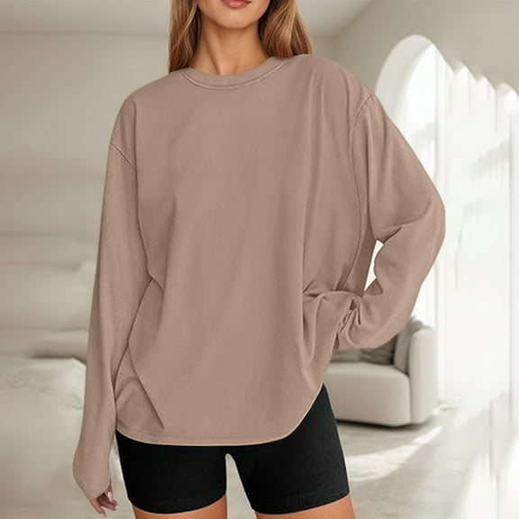 Oversized Long Sleeve Shirts For Women Loose Crew Neck Casual Solid Color T Shirt Shirt Fall Basic Work Tee Vacation Clothes Khaki XXL