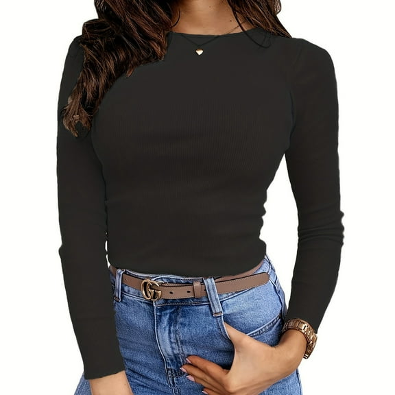 Oversized Long Sleeve Shirts For Women Loose Crew Neck Solid Color T Shirt Tunic Breathable Fall Winter Work Tee Pullover Outfits Black L