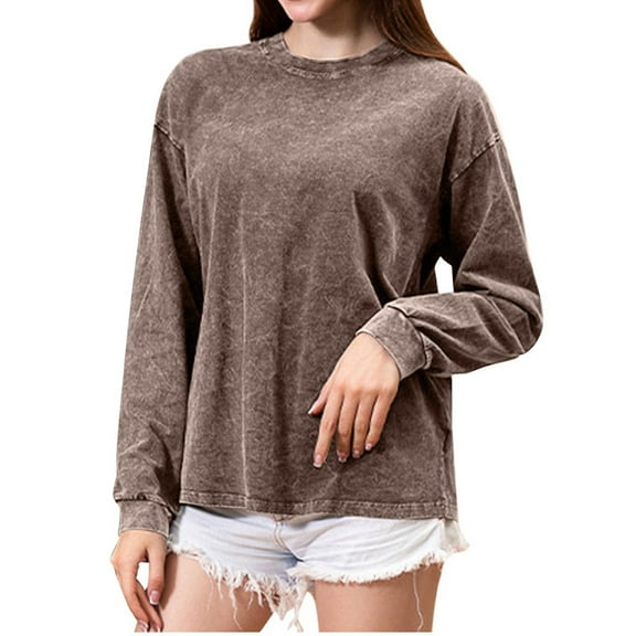 Oversized Long Sleeve Shirts for Women Acid Wash Tshirts Loose Fit Vintage Crewneck Tops (Coffee M)