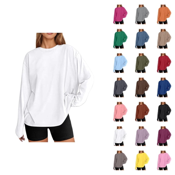 Oversized Long Sleeve Shirts for Women Spring Fall Casual Plain Basic Loose Fit Crewneck Shirt Blouse