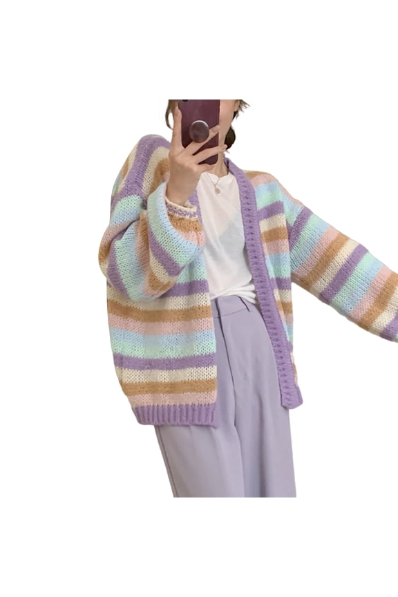 Oversized Loose Knitwear Cardigan for Women Long Sleeve Rainbow Striped Knitted Open Front Sweater Coat Outwear