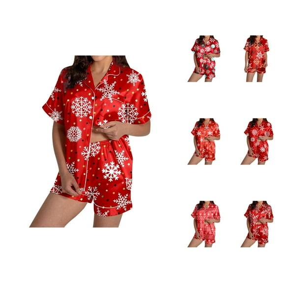 Oversized Lounge Sets – 2 Piece Sets for Women & Athleisure Sleep Sets Women's Snowflake Print Short Sleeve & Shorts Pajama Set For Christmas