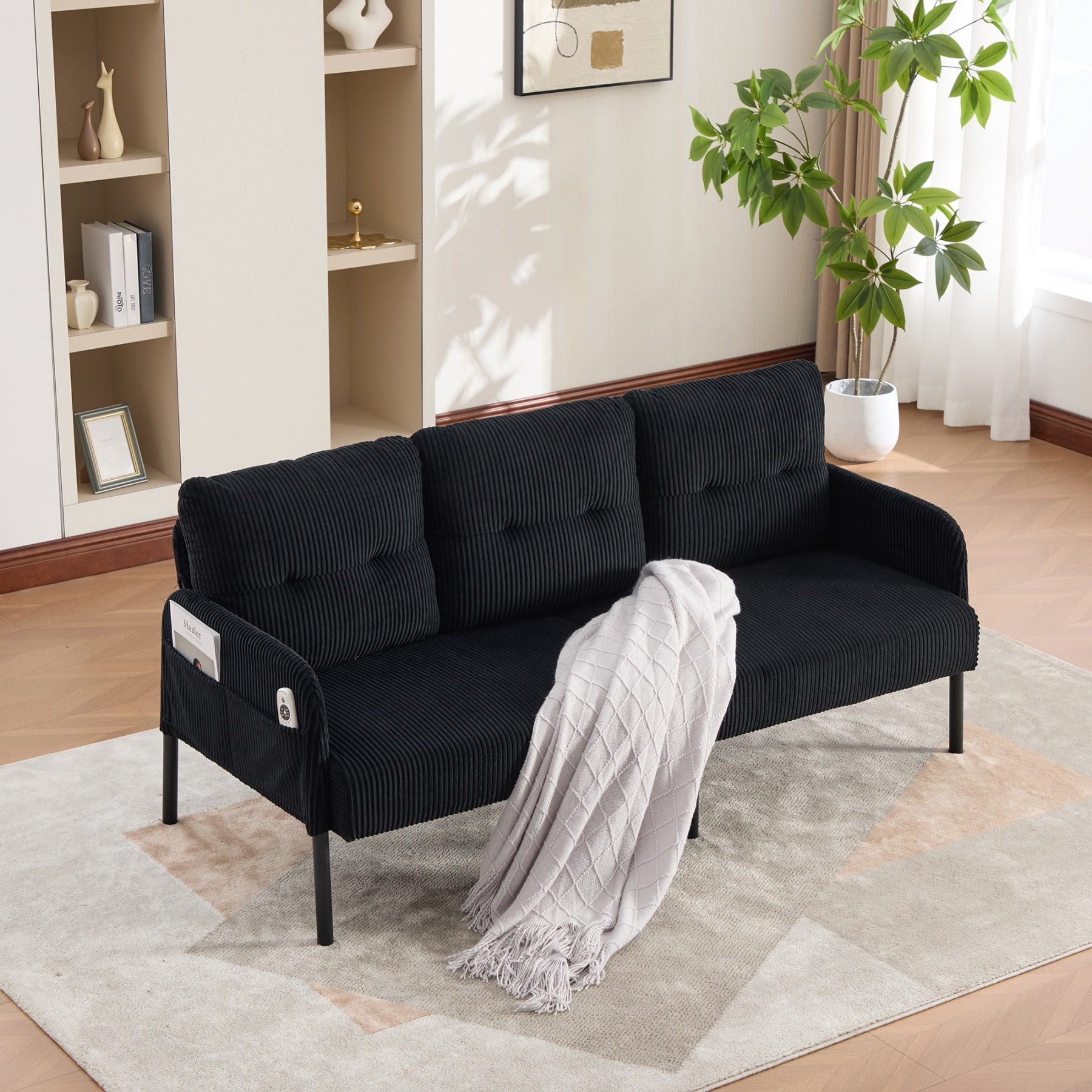 Oversized Loveseat Sofa, Modern Corduroy Upholstered Couch with Side Pockets & Metal Legs for Living Room Bedroom, Black