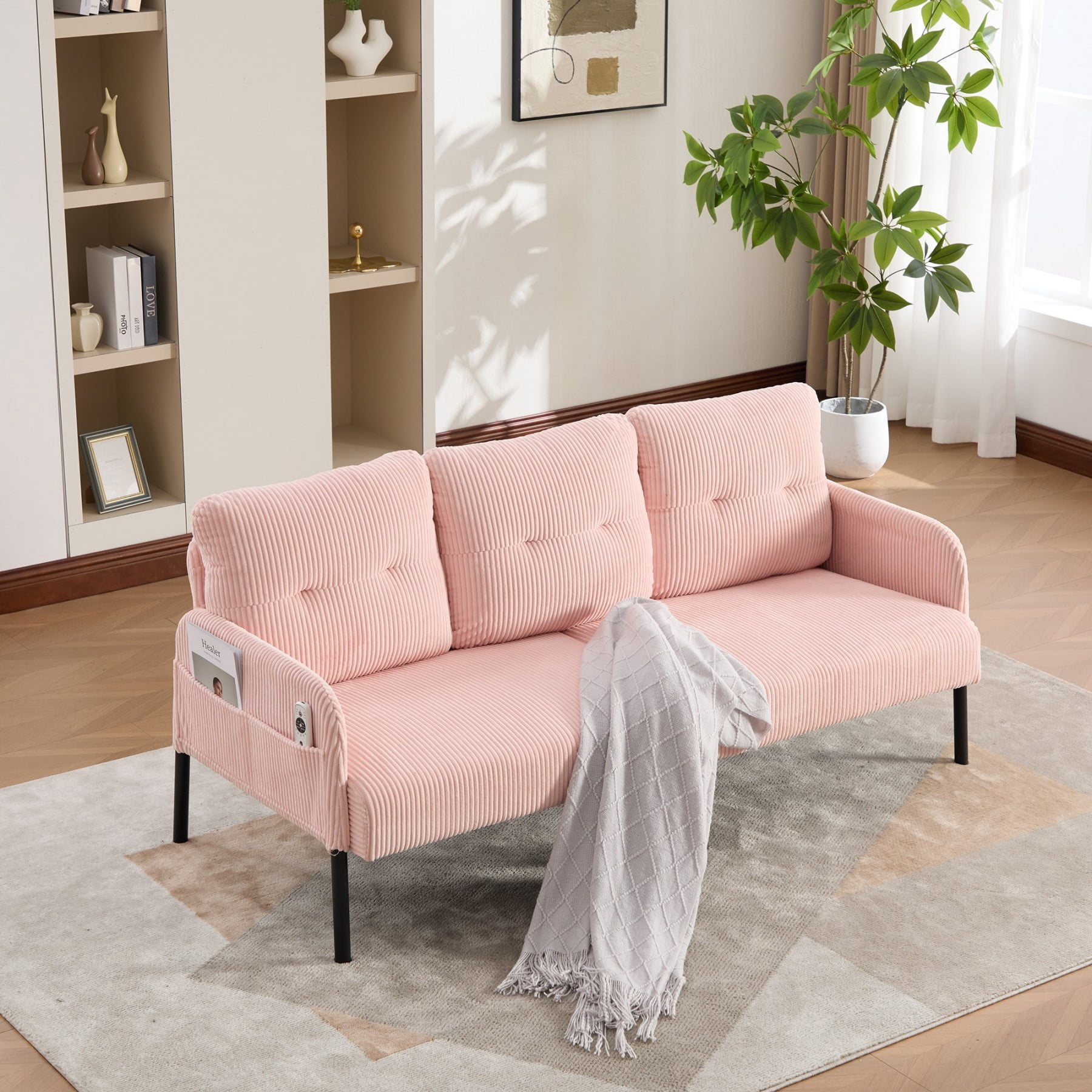 Oversized Loveseat Sofa, Modern Corduroy Upholstered Couch with Side Pockets & Metal Legs for Living Room Bedroom, Pink
