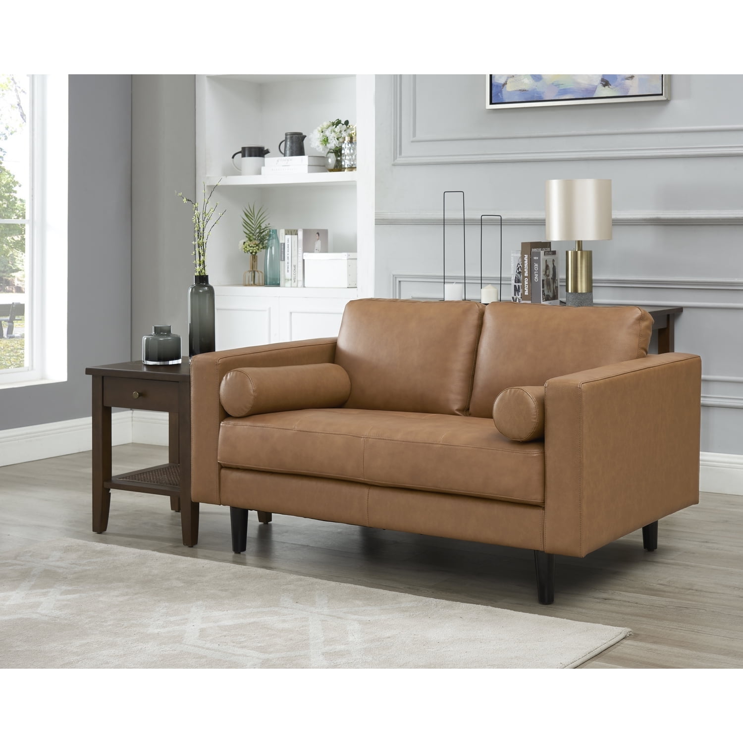 Tan Genuine Leather Tufted Loveseat with Storage and Track Arms