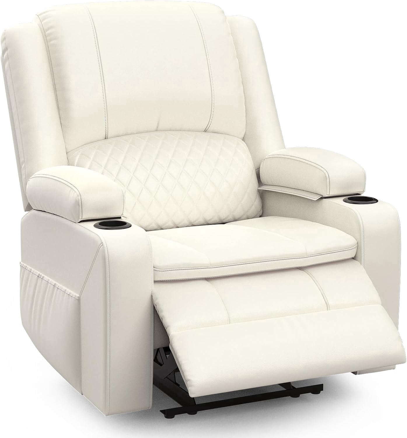Oversized Manual Recliner Chair, 3-Angle Recliner with Hidden Arm Storage, Cup Holder & Side Pocket, Home Theater & RV Single Sofa, White
