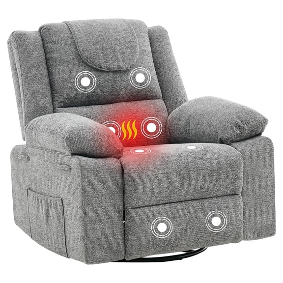 Oversized Massage Rocker Recliner Chair for Adults,360° Swivel Rock Recliner Chairs Single Sofa with Vibration Massage and Heating,Side Pocket for Living Room/Bedroom,Grey