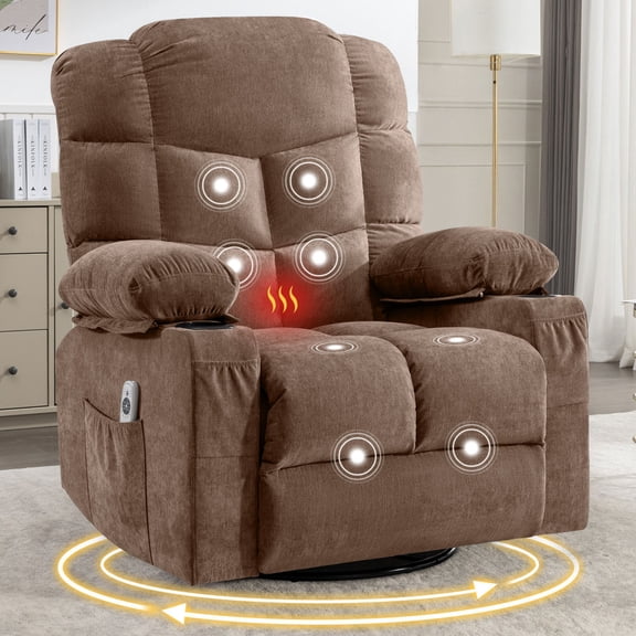 Oversized Massage Swivel Recliner Chair with Lumbar Heating Rocker Recliner with Cup Holders and USB Charge Port