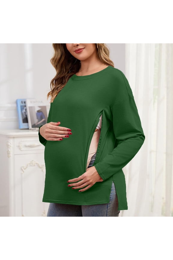 Oversized Maternity Top with Concealed Side Zipper Long Sleeve Round Neck Comfortable Shirt for Women