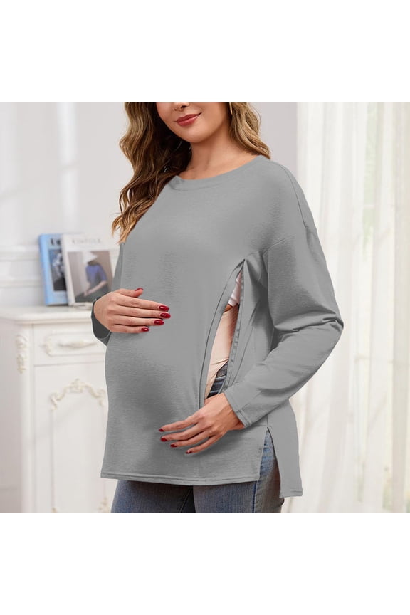 Oversized Maternity Top with Concealed Side Zipper Long Sleeve Round Neck Comfortable Shirt for Women