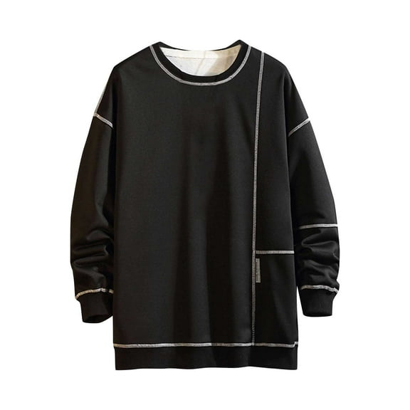 Oversized Men's Long Sleeve Round Neck Sweatshirts Patchwork Casual Loose Distressed Tops Trendy Pullovers Black,M