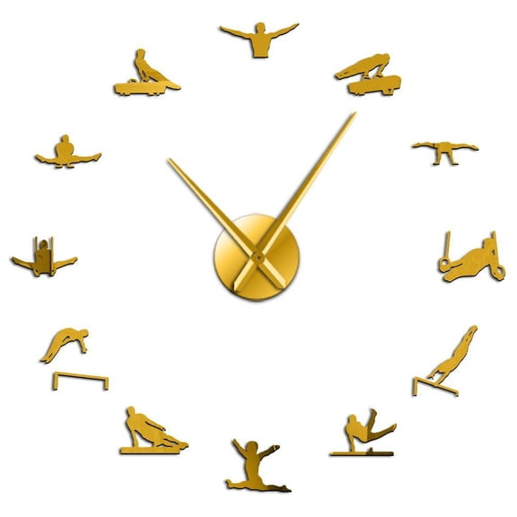 Oversized Mens Artistic Gymnastics Long Hands 3D DIY Wall Clock Gift For Athlete Sportsman Self Adhesive Acrylic Clock Watch(Gold,27inch)
