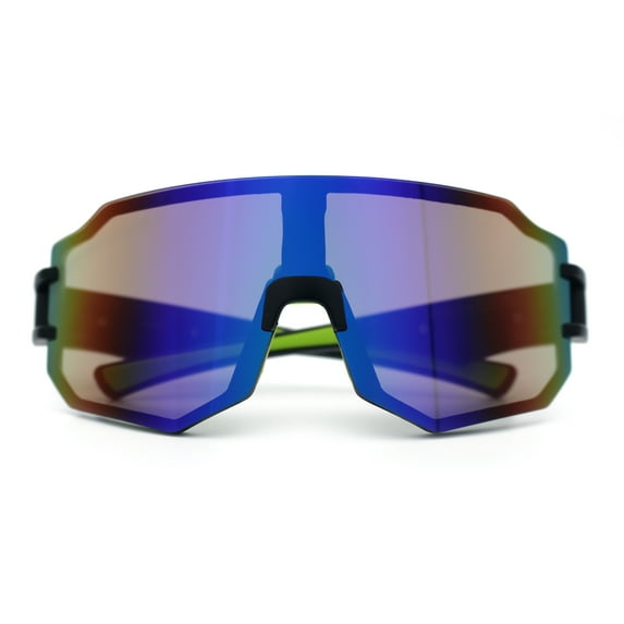 Oversized Mens Color Mirror Rimless Shield Plastic MTB Sport Sunglasses Black Green - Blue Mirror