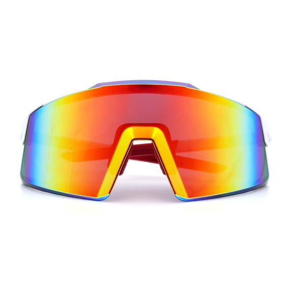 Oversized Mens Mirrored Shield Sunglasses Rimless Sport Wraparound UV400 / White Frame - Orange Mirror Lens