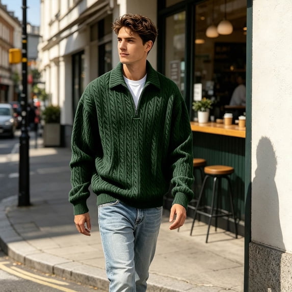 Oversized Mens Sweatshirts Hoodies Quarter Zip Pullover Outdoor 1/4 Zip Pullover Long Sleeve Loose Fit Polo Sweaters Green XL