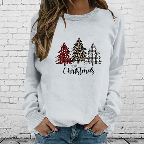 Oversized Merry Christmas Sweatshirt For Women Fall Winter Funny Xmas Printed Loose Fit Round Neck Long Sleeve Tops Regular Sweatshirts Tops Gray L
