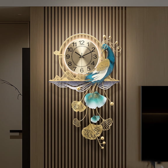 Oversized Metal Wall Clock with LED Lighting, Creative Peacock Design, Silent Non-Ticking Decorative Clock, Battery Operated for Living Room, Bedroom, Kitchen and Office