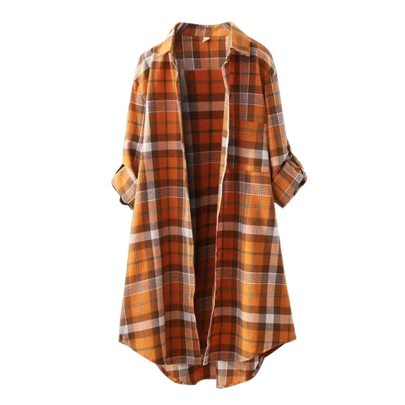 Oversized Mid Long Plaid Flannel Shirts for Women Lapel Long Sleeve Check Blouse Collar Button Down Blouses Tops Office Shirts Shacket Jacket Streetwear Loungewear