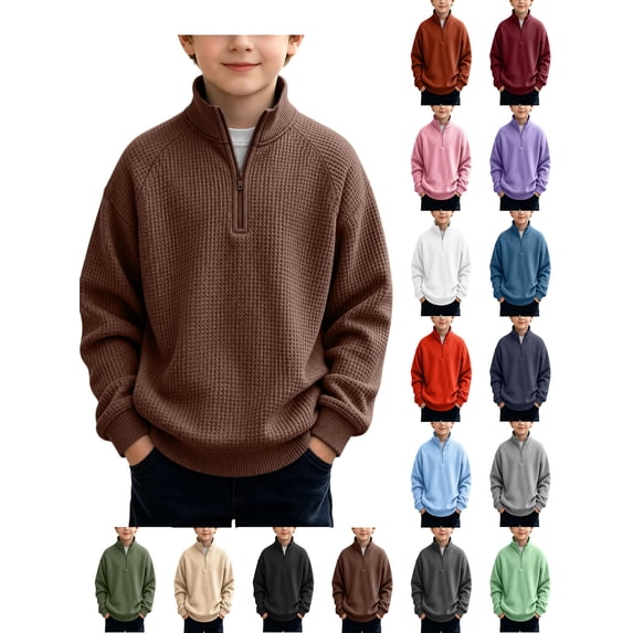 Oversized Mock Neck Sweatshirt Kids Boys Girls Solid Color Warm Zipper Stand Collar Pullover Tops Sports Large Size Casual Long Sleeve Winter sweatshirt Brown 9 Years