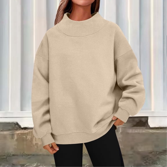 Oversized Mock Neck Sweatshirt for Women Turtleneck Long Sleeve Pullover Hoodies Casual Fall Cozy Crewneck Sweatshirt Khaki M
