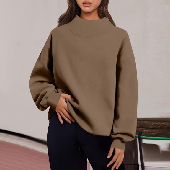 Oversized Mock Neck Sweatshirt for Women Turtleneck Long Sleeve Pullover No Hood Casual Fall Cozy Crewneck Sweatshirt Brown M