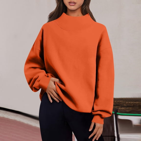 Oversized Mock Neck Sweatshirt for Women Turtleneck Long Sleeve Pullover No Hood Casual Fall Cozy Crewneck Sweatshirt Orange M