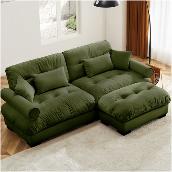Oversized Modern 2-Seater Velvet Sofa with Ottoman and Pillows, Olive Green Small L-Shaped Couch for Living Room or Den