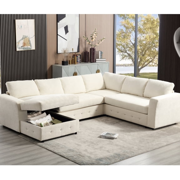 Oversized Modern Living Room With Storage Function, 114", Chenille, Crystal Buttons, Beige For Comfort Upholstered Plentiful Space, Design