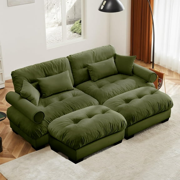 Oversized Modern Olive Green Velvet Two-Seater Sofa with Ottoman, Round Bolster Armrests, and Decorative Pillows for Reading Room