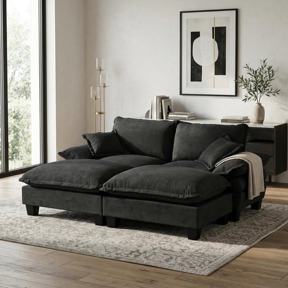 Oversized Modular Cloud Couch with Double Chaise Lounge, Deep Seat Sectional Sofa with Plush Cushions, 2 Soft Pillows Included, Fabric Sofa for Living Room (Black)