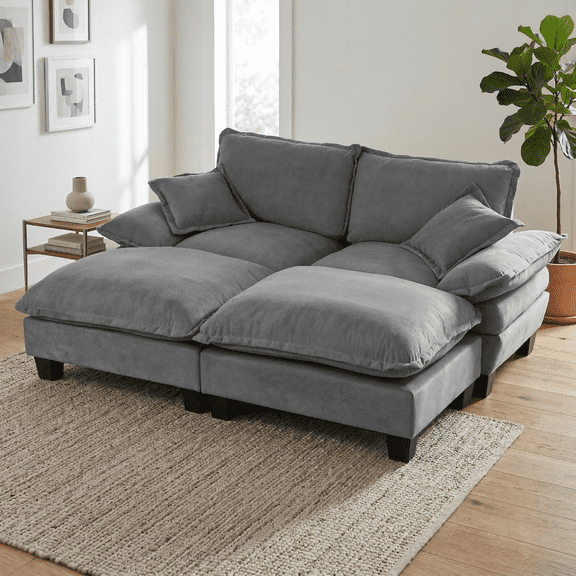 Oversized Modular Cloud Couch with Double Chaise Lounge, Deep Seat Sectional Sofa with Plush Cushions, 2 Soft Pillows Included, Fabric Sofa for Living Room (Gray)