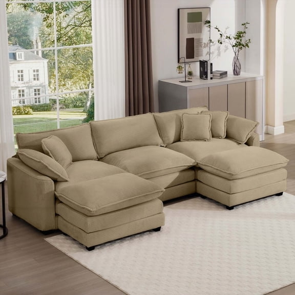 Modern L-Shaped Corduroy Sofa 220×80×75cm, Portable Ottoman, Spacious Seating