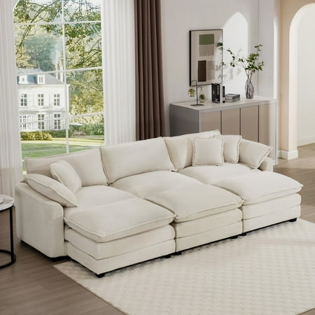 Oversized Modular Cushioned Sofa with 3 Ottomans, Modular Sofa Set to work as Sleeper Sofa Bed, 6 - Piece Sofa Set with One 3 Seater Sofa and Three Ottomans, Corduroy (Beige)
