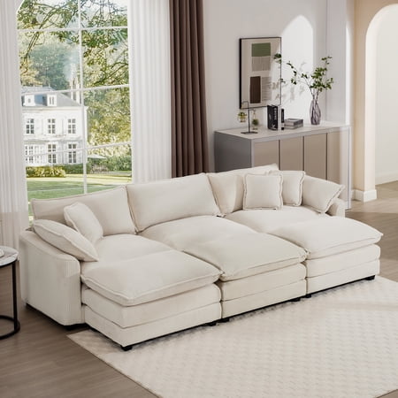 Oversized Modular Cushioned Sofa with 3 Ottomans, Modular Sofa Set to work as Sleeper Sofa Bed , 6 - Piece Sofa Set with One 3 Seater Sofa and Three Ottomans, Light Beige Corduroy