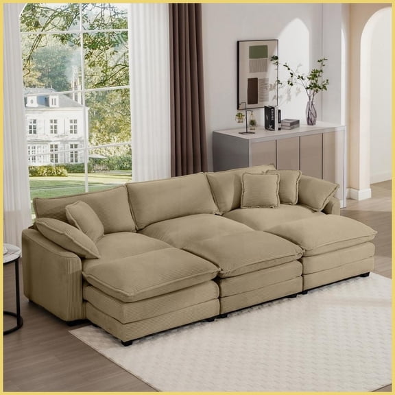 Oversized Modular L-Shaped Corduroy Sofa with Ottoman - Classic Modern Deep Seating for Living Room, Tan