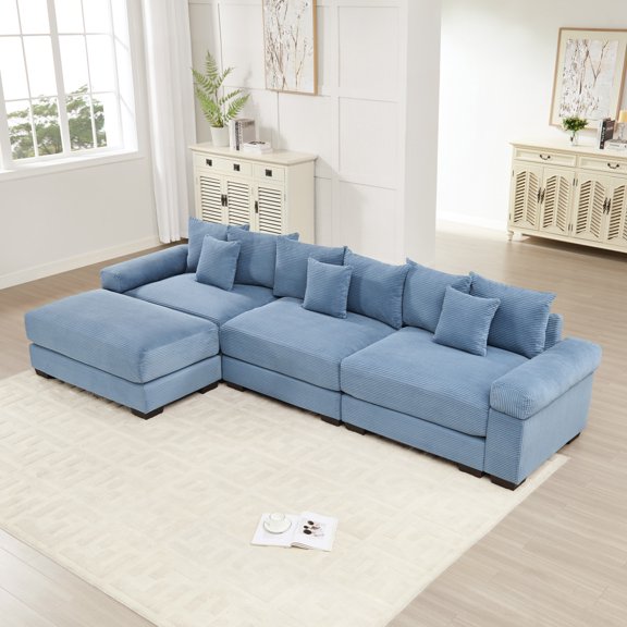 Oversized Modular L-Shaped Sectional Sofa, Soft Corduroy Fabric with Ergonomic Deep Seat & Wide Armrests, 9 Pillows, Easy Assembly, Living Room & Bedroom Use, Blue