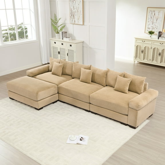 Oversized Modular L-Shaped Sectional Sofa with Thick Armrests & Corduroy Fabric, Ergonomic Design, 9 Pillows, Living Room & Bedroom Seating Solution, Camel